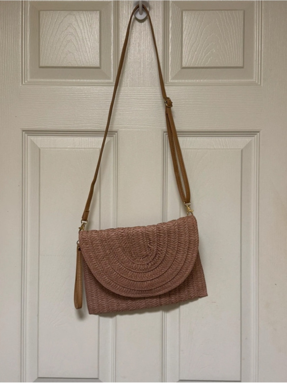 Amazon Dusty Rose Woven Flap Crossbody with Tan Strap
